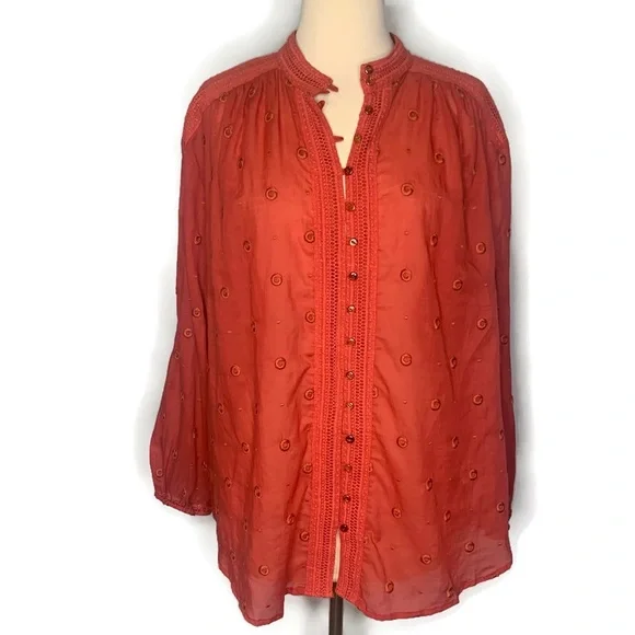 Maeve by Anthropology Coral Embroidered Voile Augusta Peasant Blouse Top Large - Picture 5 of 14